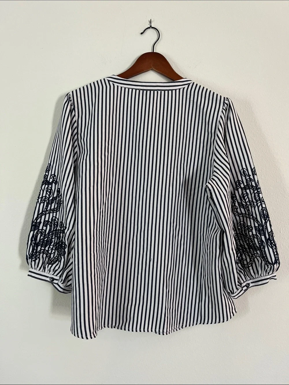 Boutique Black & White Striped Button-Down Blouse with Embroidered Sleeves